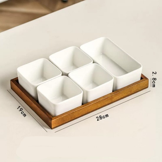 Wood and Porcelain Five-Piece Serving Set